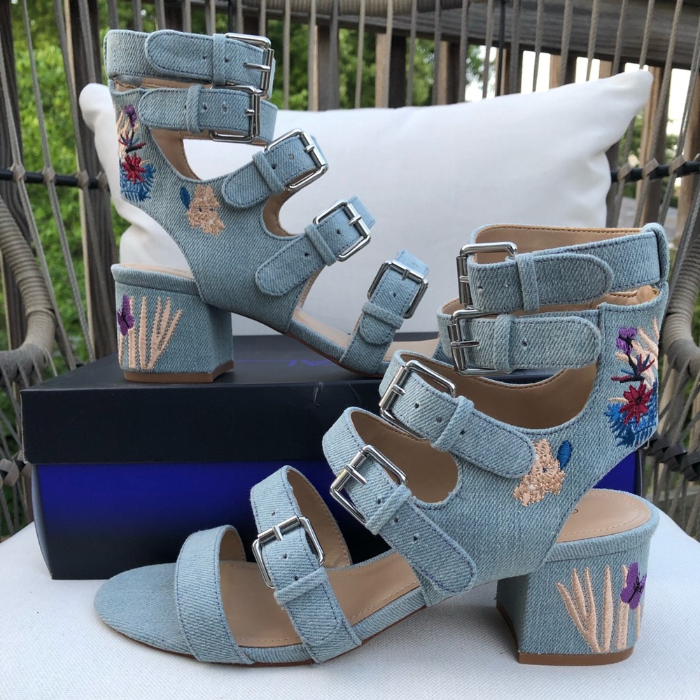 *New In Box* Gunmetal Embroidered Blue Jean Sandals